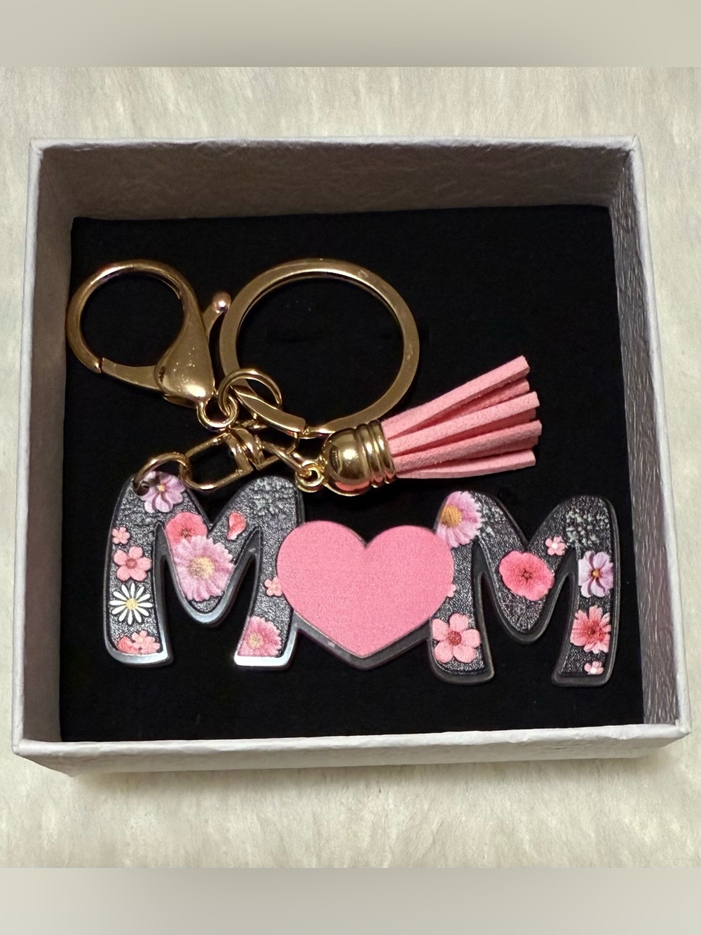 Pink Floral 'MOM' Keychain with Tassel